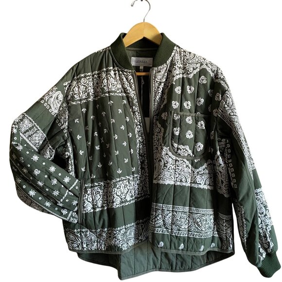 THE GREAT. Quilted Bomber Jacket Army Bandana Patchwork Size 1 Small Green NWT - Picture 1 of 13